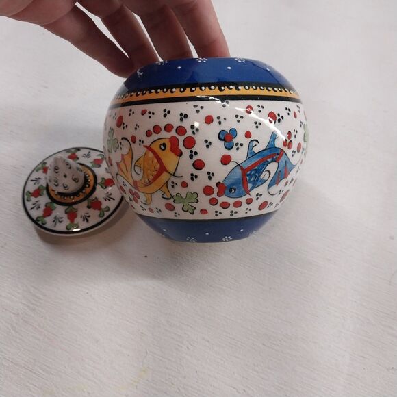 Polish Pottery Hand Painted Decorative Bowl Container With Lid Colorful Fish - Picture 4 of 6